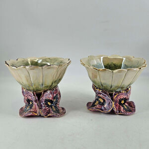 Pair of vintage luster ceramic Heather Goldminc violet pansie votive dishes